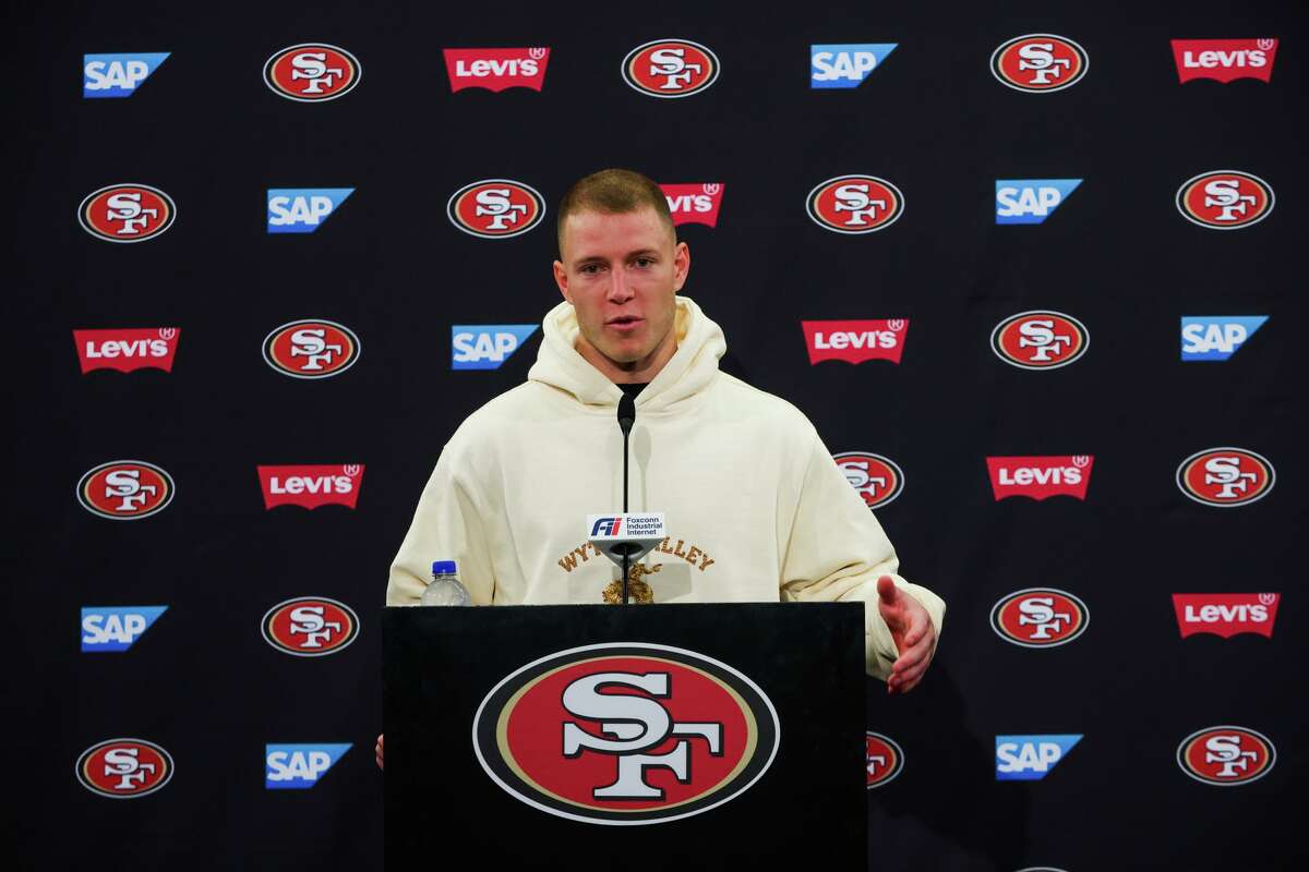 San Francisco 49ers running back Christian McCaffrey answers questions during a press conference about his acquisition from the Carolina Panthers on Friday, October 21, 2022, in Santa Clara, Calif. ?’I can?•t express how happy I an to be here,?“ McCaffrey said.