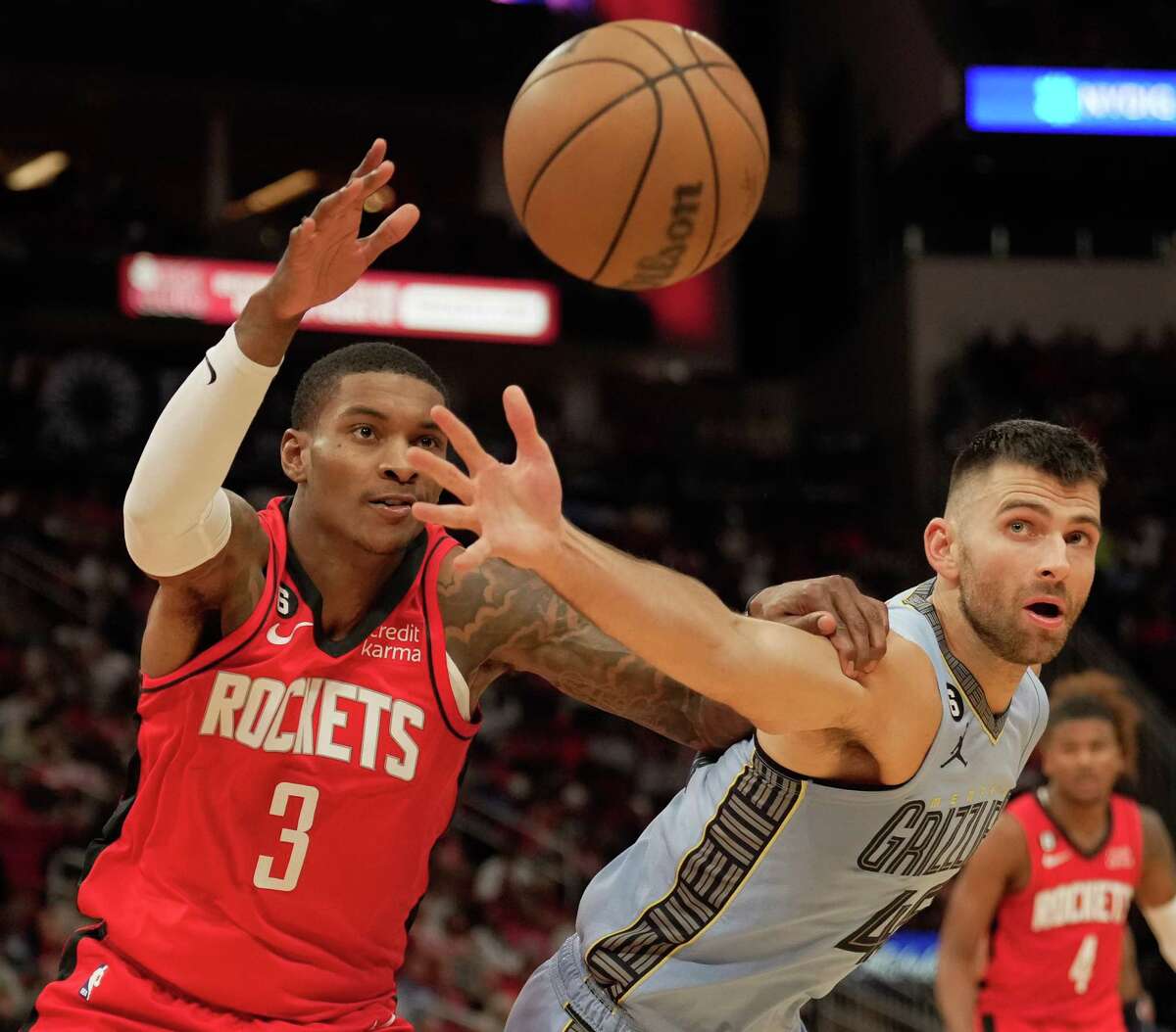 Houston Rockets guard Kevin Porter Jr. (3) is called foul on Memphis Grizzlies guard John Konchar (46) during the second quarter of a NBA game Friday, Oct. 21, 2022, at Toyota Center in Houston.