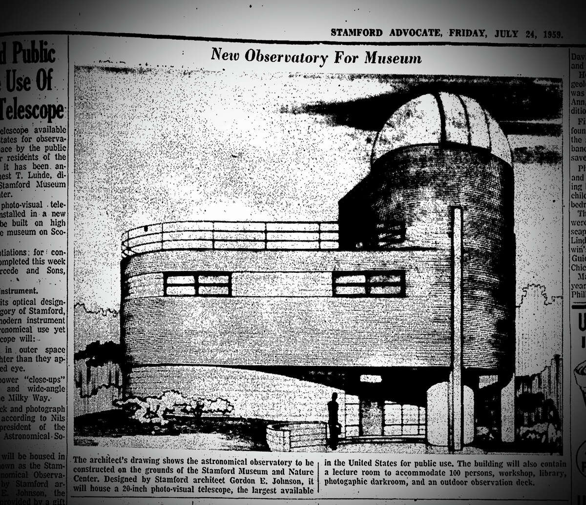 An architect's drawing of the planned Stamford Observatory in the Stamford Advocate in 1959.  