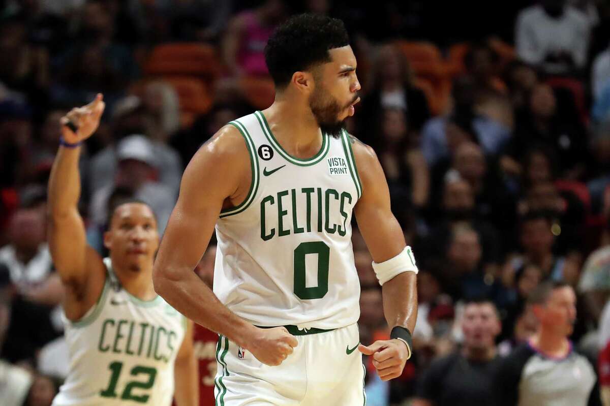 MIAMI, FLORIDA - OCTOBER 21: Jayson Tatum #0 of the Boston Celtics reacts during the fourth quarter against the Miami Heat at FTX Arena on October 21, 2022 in Miami, Florida. NOTE TO USER: User expressly acknowledges and agrees that, by downloading and or using this photograph, User is consenting to the terms and conditions of the Getty Images License Agreement. (Photo by Megan Briggs/Getty Images)
