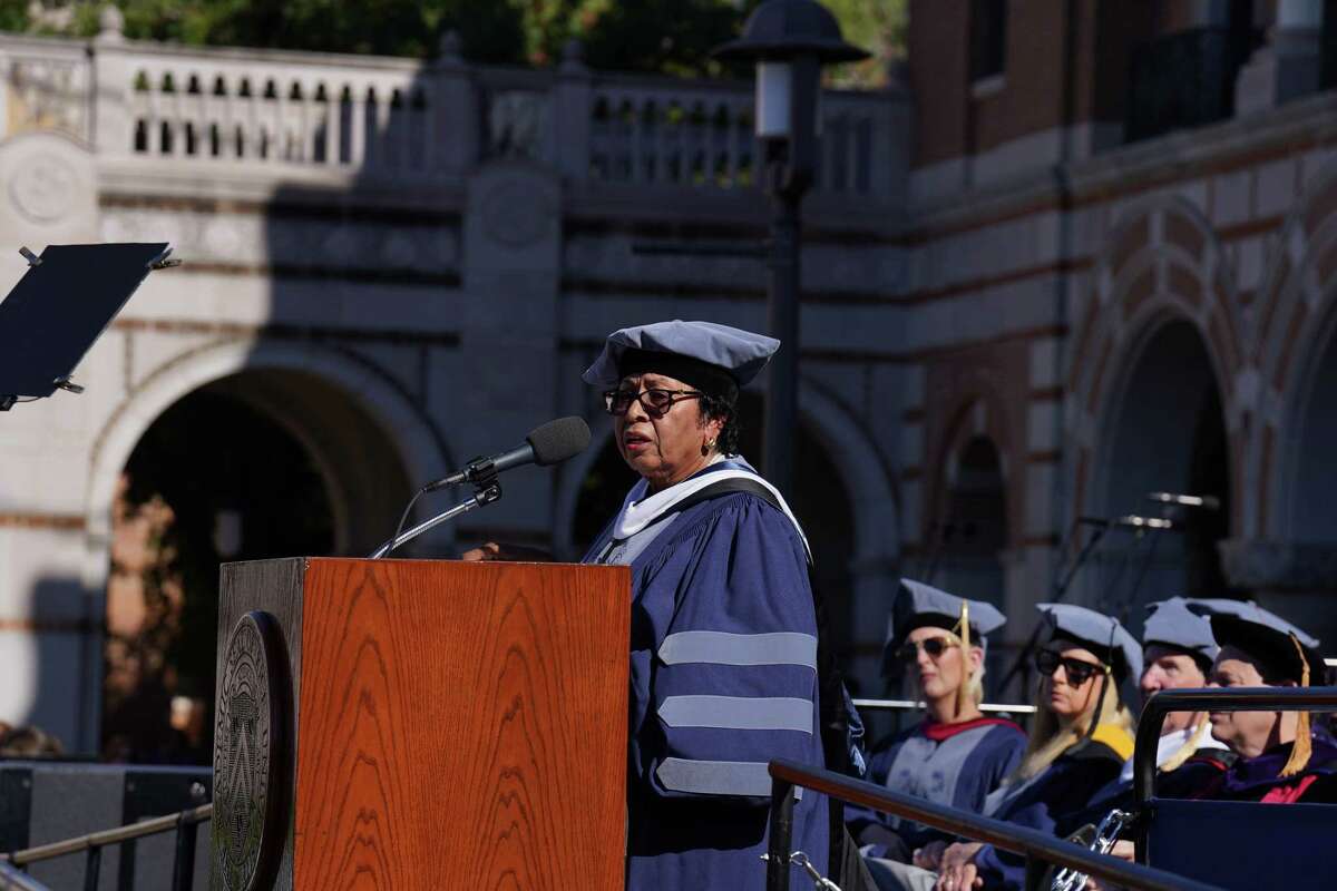 Dr. Ruth Simmons, president of Prairie View A&M University, delivers the keynote speech at the investiture ceremony of Rice University’s eighth president, Reginald DesRoches, at the Academic Quadrangle on Rice University’s campus Saturday.