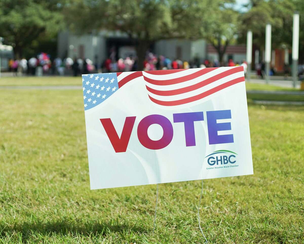 A voting sign promoting early voting in the grounds at Emancipation Park during a rally on Saturday, Oct. 22, 2022 in Houston. The event was hosted by League of Women Voters Houston along with other organizations to urge registered voters to get out and vote.