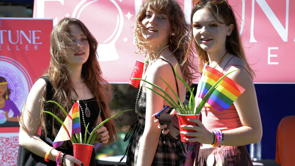 Attendees with pride flags and potted cactus plants during the 4th annual Woodlands Pride Festival held at Town Green Park Saturday, Oct. 22, 2022 in The Woodlands, TX.