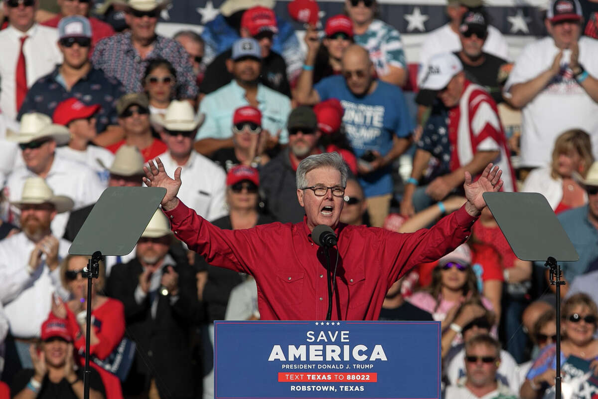 Texas Lt. Gov. Dan Patrick delivers remarks during President Donald Trump's Save America rally held astatine  the Richard M. Borchard Regional Fairgrounds successful  Robstown, TX, connected  Oct. 22, 2022.