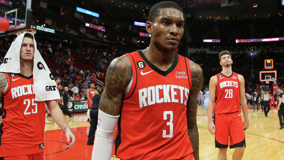 Houston Rockets guard Kevin Porter Jr. (3) walks off the court after losing the 2022-2023 NBA season home opener to Memphis Grizzlies Friday, Oct. 21, 2022, at Toyota Center in Houston. Houston Rockets lost to Memphis Grizzlies 129-122.