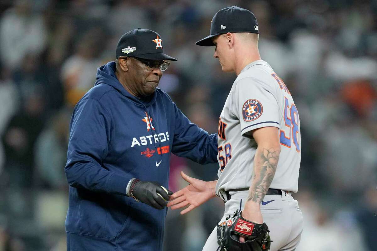During a recent day off, manager Dusty Baker, left, and pitcher Hunter Brown were part of an Astros fishing foursome that also included utility man David Hensley and catcher Korey Lee.