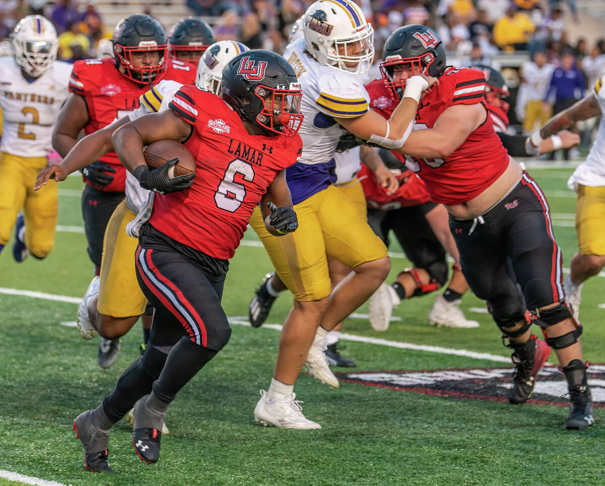 Lamar running back Khalan Griffin looks for space during a game Saturday against Prairie View A&M in Beaumont.