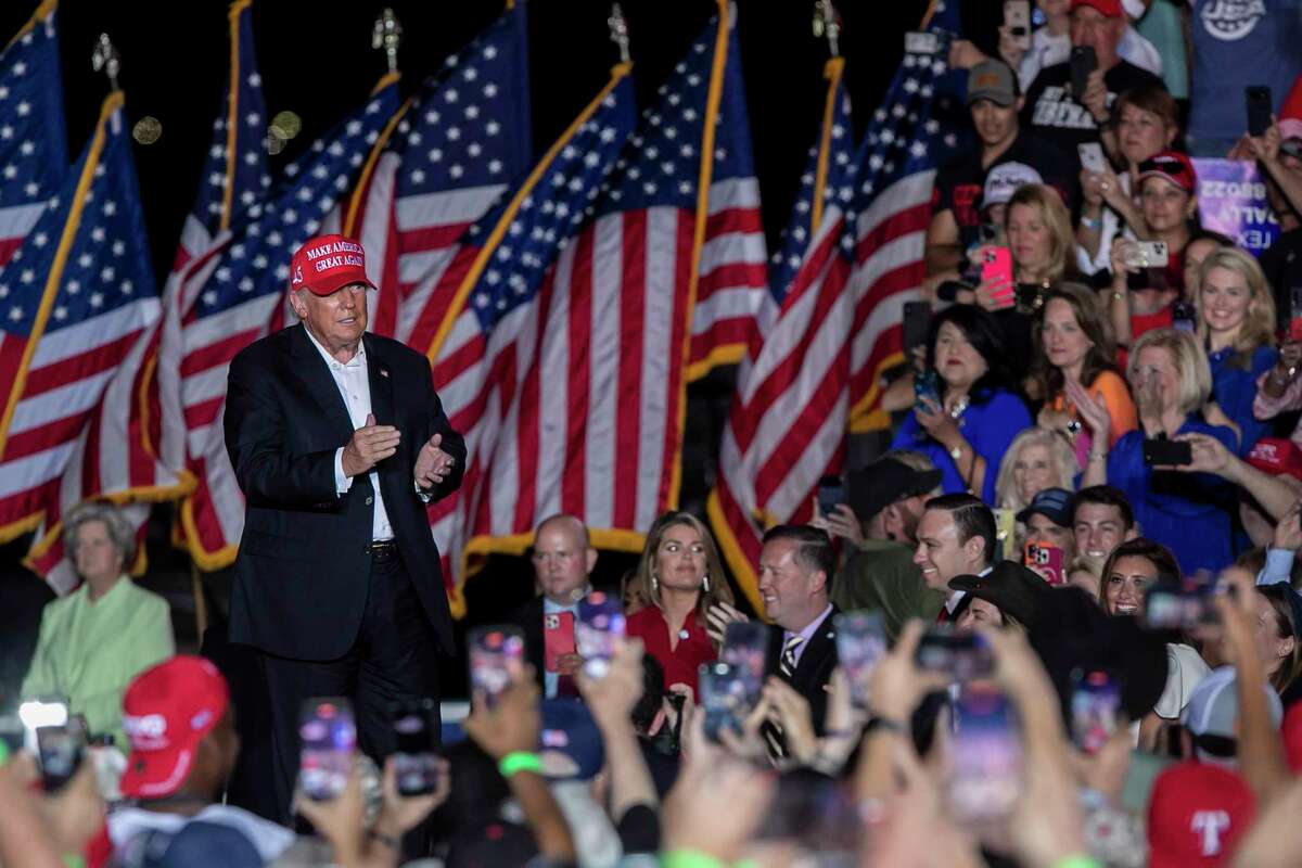 Former President Donald Trump takes the stage during his Save America rally held at the Richard M. Borchard Regional Fairgrounds in Robstown, TX, on Oct. 22, 2022.