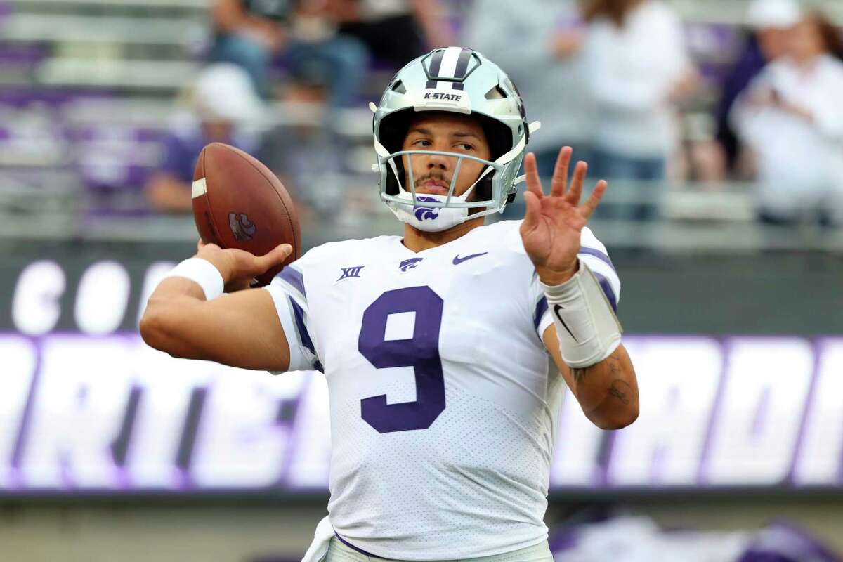 Kansas State quarterback Adrian Martinez (9) warms up before an NCAA college football game against TCU, Saturday, Oct. 22, 2022, in Fort Worth, Texas.