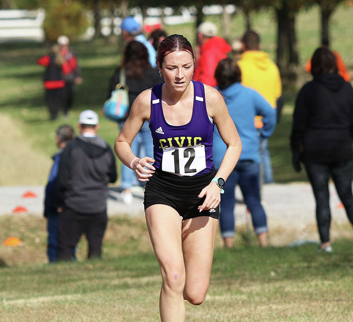 CM senior Alyssa Mann approaches the finish line in 11th place on Saturday morning in the Highland Class 2A Regional at Firemen's Park in Alhambra.