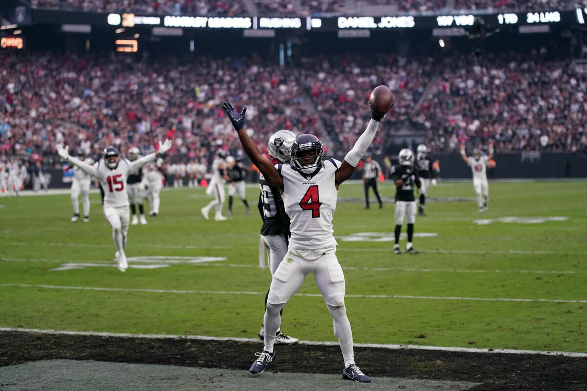 Houston Texans wide receiver Phillip Dorsett (4) lines up for the snap  during an NFL football game against the Cleveland Browns on Sunday, December  4, 2022, in Houston. (AP Photo/Matt Patterson Stock