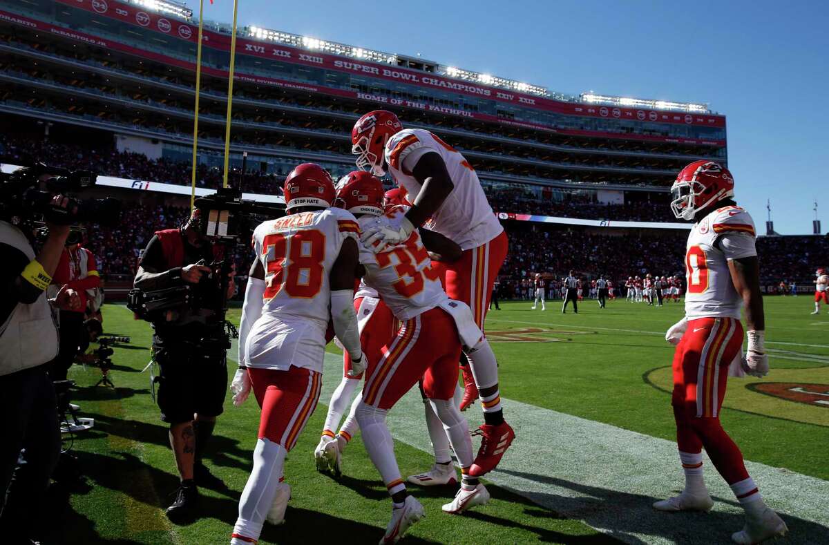 The Chiefs celebrates Joshua Williams’s (23) interception in the end zone late in the first half as the San Francisco 49ers played the Kansas City Chiefs at Levi’s Stadium in Santa Clara, Calif., on Sunday, October 23, 2022.