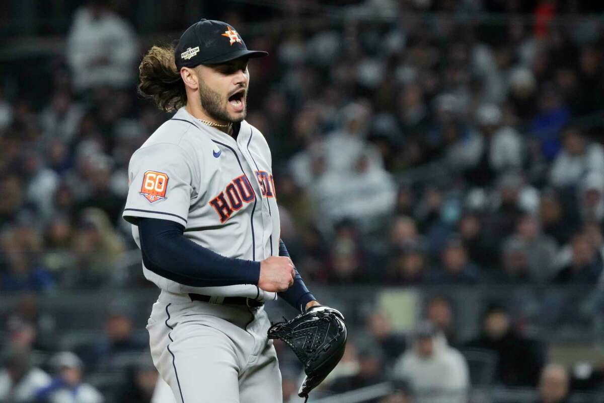 Houston Astros starting pitcher Lance McCullers Jr. (43) reacts after striking out New York Yankees Oswaldo Cabrera in the fifth inning of Game 4 during the American League Championship Series at Yankee Stadium on Sunday, Oct. 23, 2022, in New York.