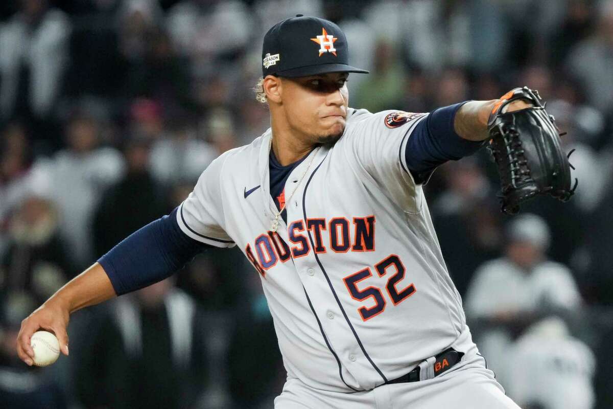 Houston Astros relief pitcher Bryan Abreu (52) delivers in the seventh inning of Game 4 during the American League Championship Series at Yankee Stadium on Sunday, Oct. 23, 2022, in New York.