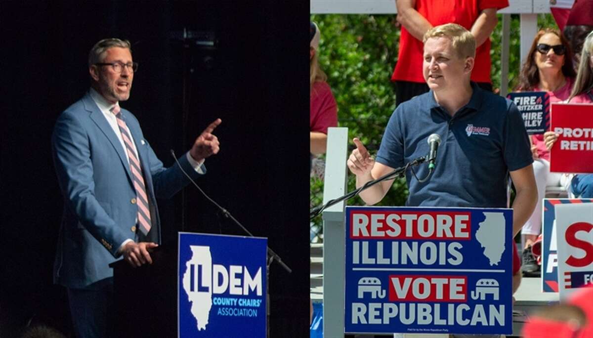 State Treasurer Michael Frerichs (left) and his opponent, Tom Demmer, during Illinois State Fair political days in Springfield.