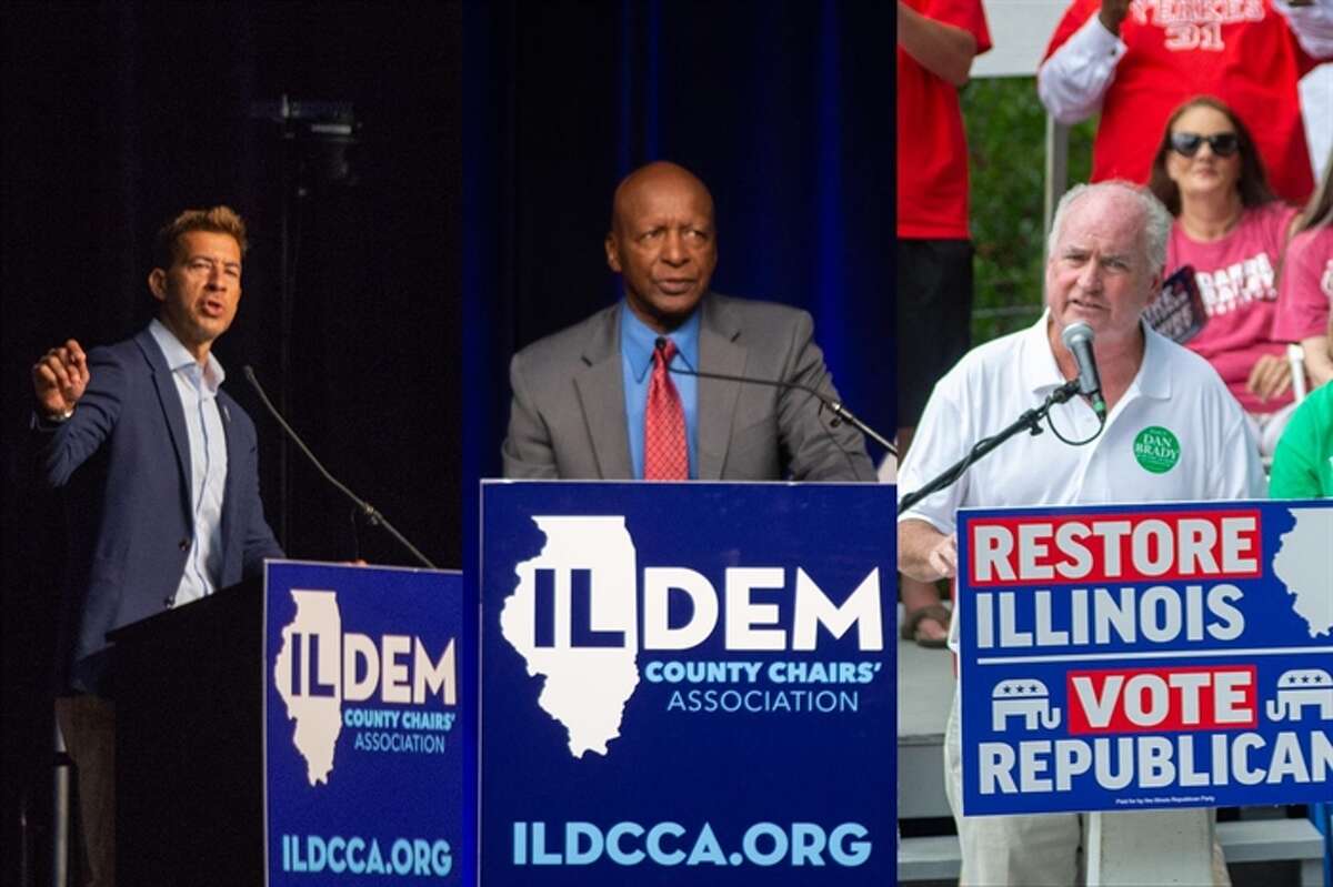 Secretary of State Jesse White (middle) with the two men seeking to replace him after more than two decades in office. At left is Democrat Alexi Giannoulias, who has received White's endorsement, and at right is state Rep. Dan Brady, the Republican candidate.