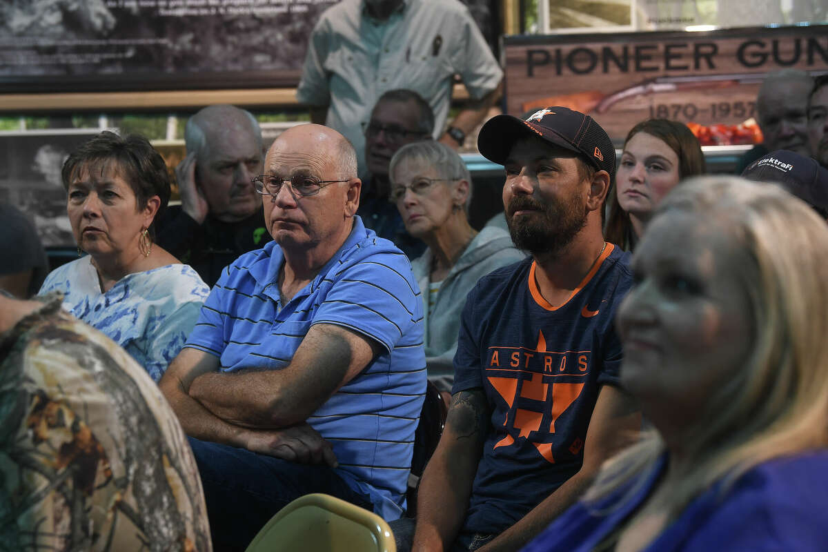 The crowd listens as Michael Mayes offers a discussion entitled "Bigfoot in the Big Thicket" at the Ice House Museum in Silsbee Friday. The Nederland High graduate is a member of the North American Wood Ape Conservancy and has had multiple encounters while searching for the fabled Bigfoot creature. Photo made Friday, October 21, 2022 Kim Brent/Beaumont Enterprise