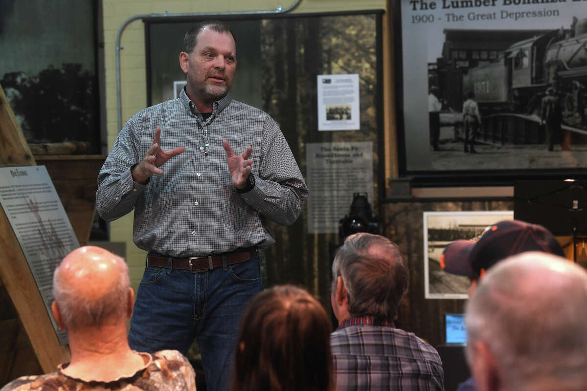 Michael Mayes offers a discussion entitled "Bigfoot in the Big Thicket" at the Ice House Museum in Silsbee Friday. The Nederland High graduate is a member of the North American Wood Ape Conservancy and has had multiple encounters while searching for the fabled Bigfoot creature. Photo made Friday, October 21, 2022 Kim Brent/Beaumont Enterprise