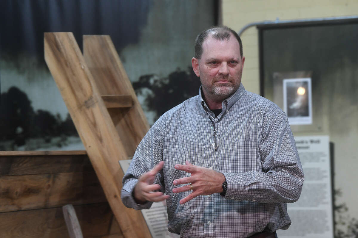 Michael Mayes offers a discussion entitled "Bigfoot in the Big Thicket" at the Ice House Museum in Silsbee Friday. The Nederland High graduate is a member of the North American Wood Ape Conservancy and has had multiple encounters while searching for the fabled Bigfoot creature. Photo made Friday, October 21, 2022 Kim Brent/Beaumont Enterprise