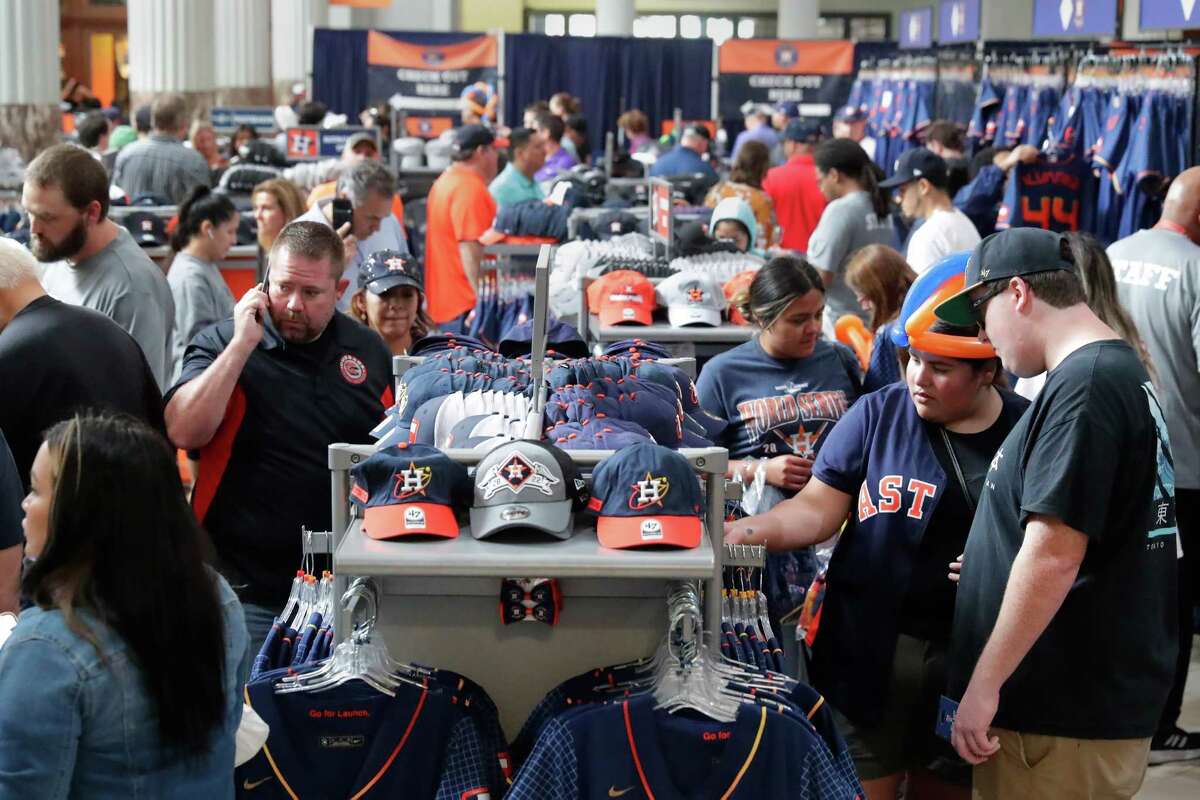 Shoppers clog up the isles as fans buy up Astros playoff and World Series merchandise Monday, Oct. 24, 2022 at the Team Store at Minute Maid Park in Houston, TX.
