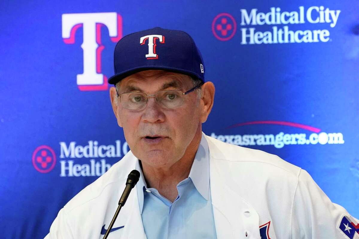Bruce Bochy, the new manager for the Texas Rangers baseball team, responds to questions during a news conference in Arlington, Texas, Monday, Oct. 24, 2022. (AP Photo/Tony Gutierrez)