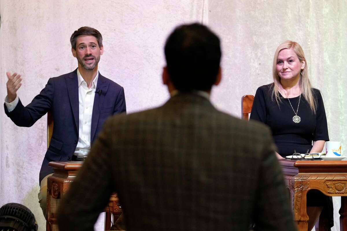 San Jose City Councilmember Matt Mahan, left, defeated Santa Clara County Supervisor Cindy Chavez, right, in the run-off to be mayor of San Jose. Photographed during a televised forum at the Chua Di Lac Buddhist Temple in San Jose on Monday, Oct. 17, 2022.