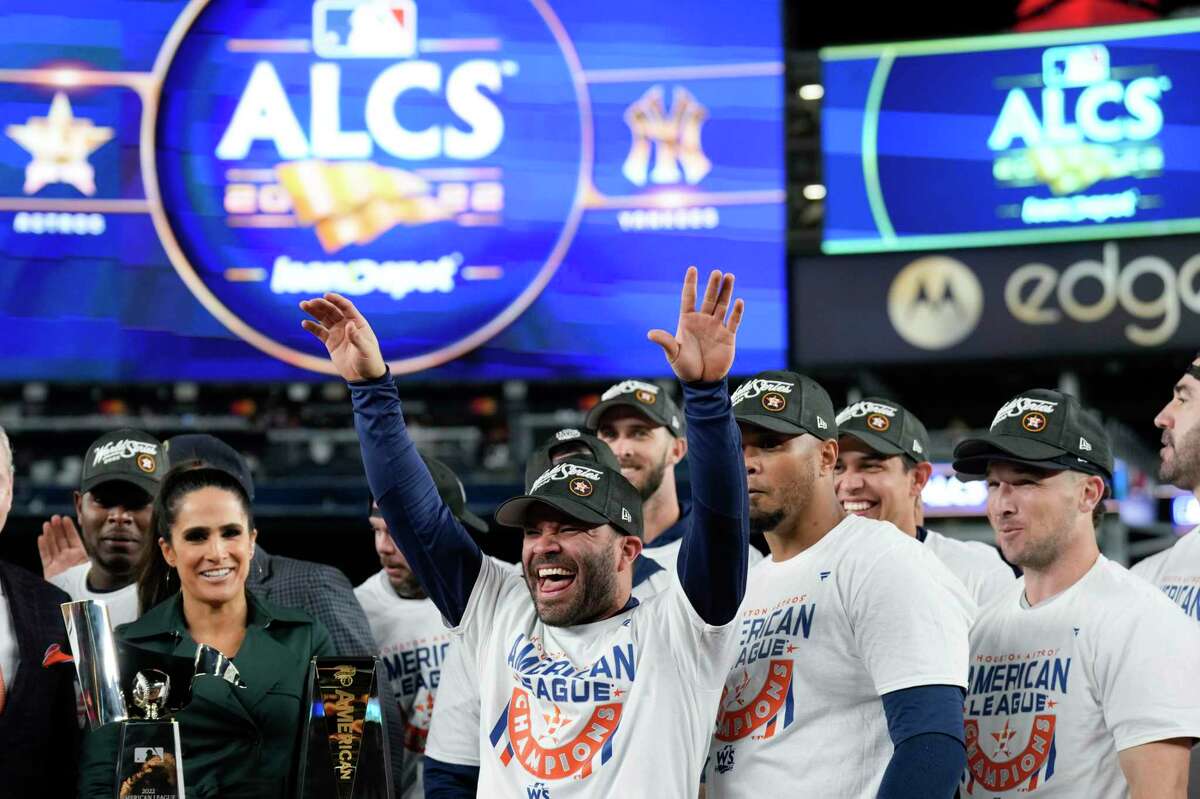 The Houston Astros celebrate after winning the American League pennant at Yankee Stadium with a four-game sweep of the New York Yankees.