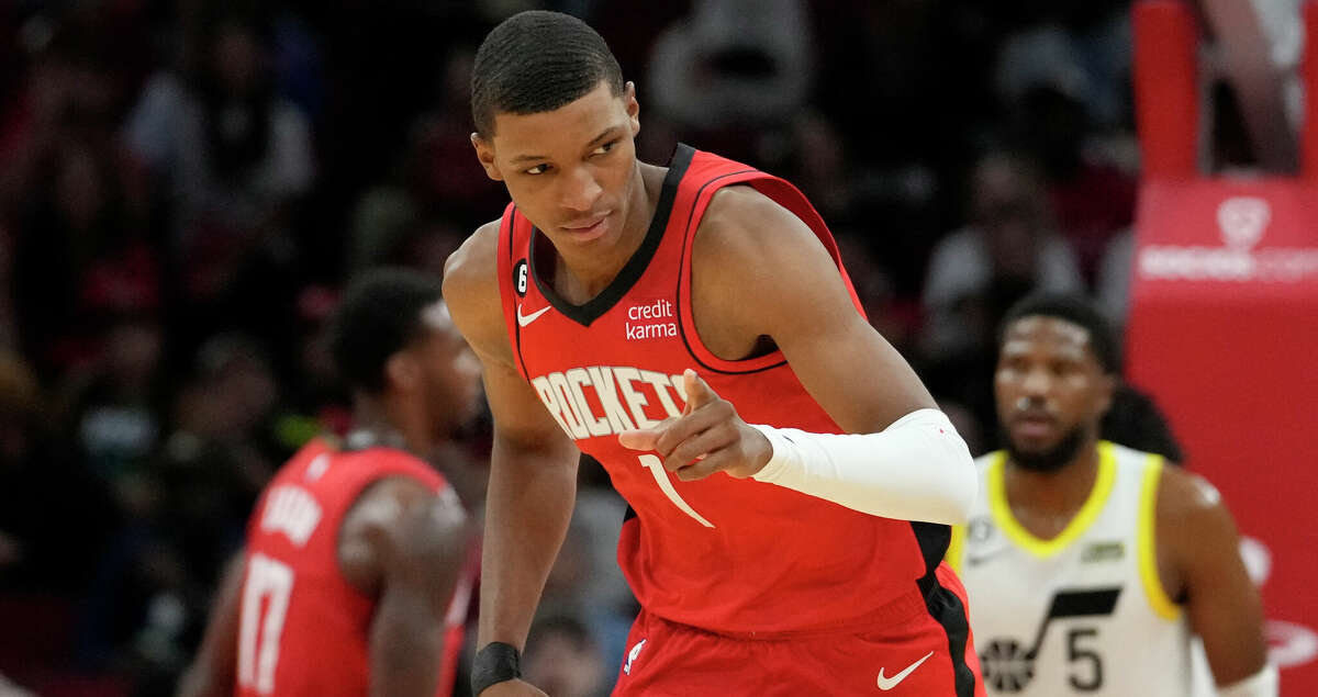 Houston Rockets forward Jabari Smith Jr. (1) reacts after scoring during the second quarter of an NBA game Monday, Oct. 24, 2022, at the Toyota Center in Houston.