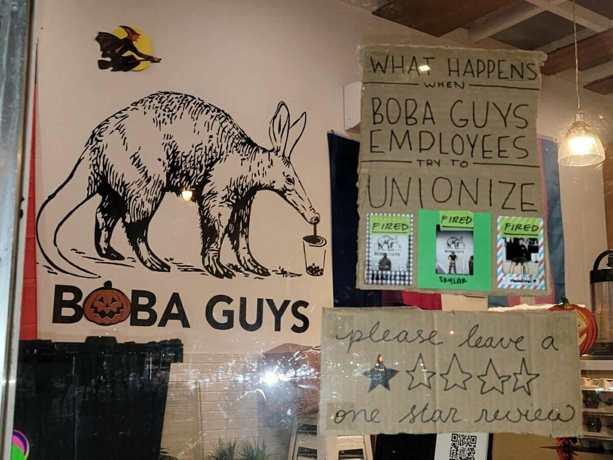 One of the protest signs that were temporarily posted at the Boba Guys in the Mission on Tuesday, Oct. 18, 2022.
