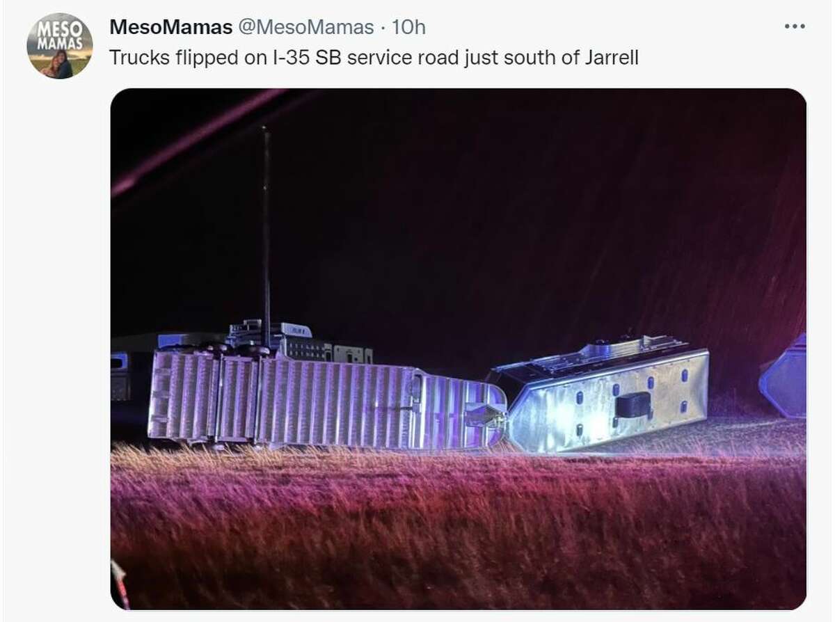 A screen capture from a tweet from MesoMamas, a team of storm chasers, who spotted trucks flipped on the Interstate 35 service road just south of Jerrell. 