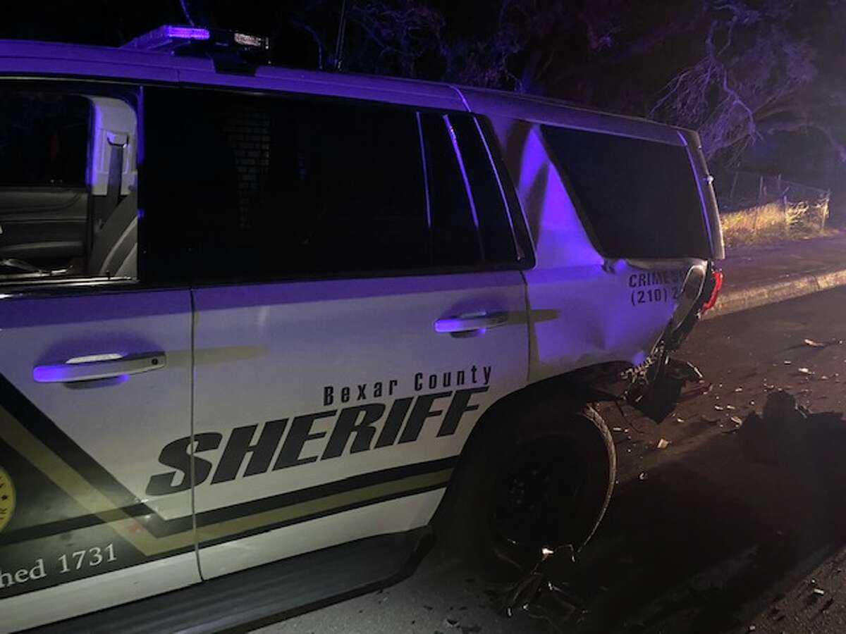 A Bexar County Sheriff's Office vehicle was struck and damaged during an unrelated traffic stop early Monday morning. 