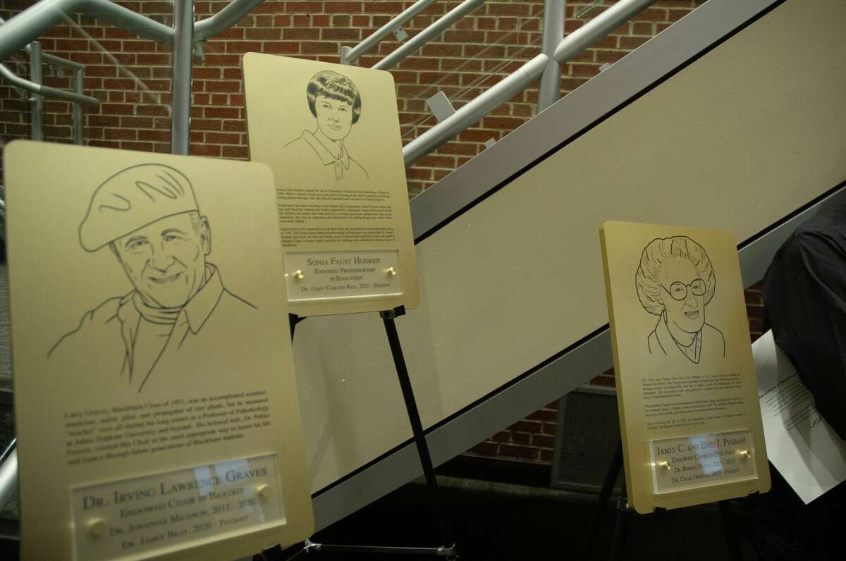 Three plaques with artistic renderings for the individuals honored with named professorships: James C. & Enid J. Pegram (Fine Arts), Dr. Irving Lawrence Graves (Biology), and Sonja Faust Hudren '66 (Education).  