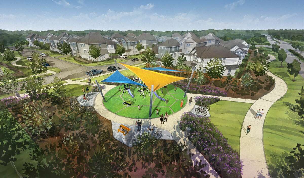 The Courtyard Collection by Chesmar Homes will be near amenities in Bridgeland such as the neighborhood’s Canyon Crossing Park.