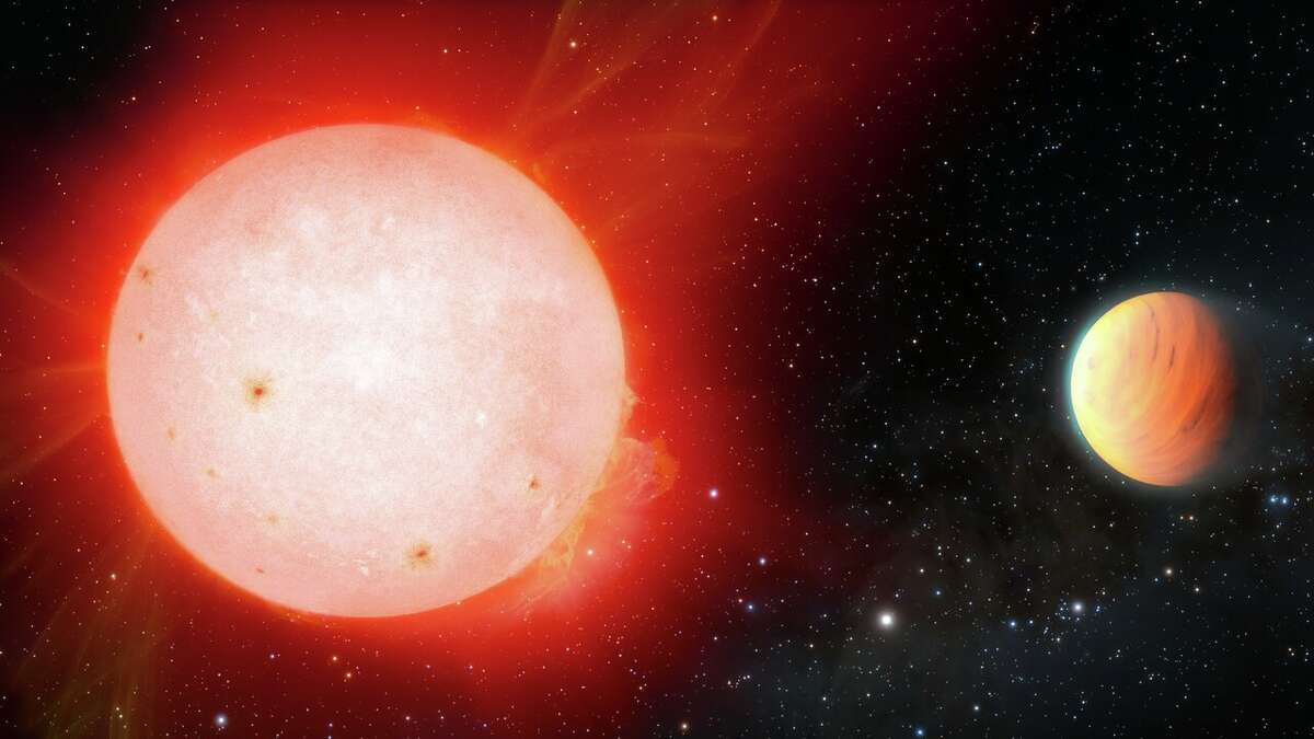 A gas giant exoplanet [right] with the density of a marshmallow was detected orbiting a cold red dwarf star [left].  The planet, named TOI-3757 b, is the fluffiest gas giant planet ever discovered around stars of this type.