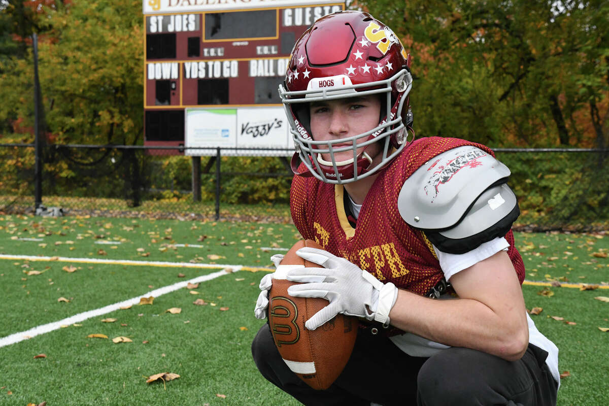 St. Joseph's Brandon Hutchison poses for a photo before football practice at Dalling Field, Trumbull on Tuesday, Oct. 25, 2022.