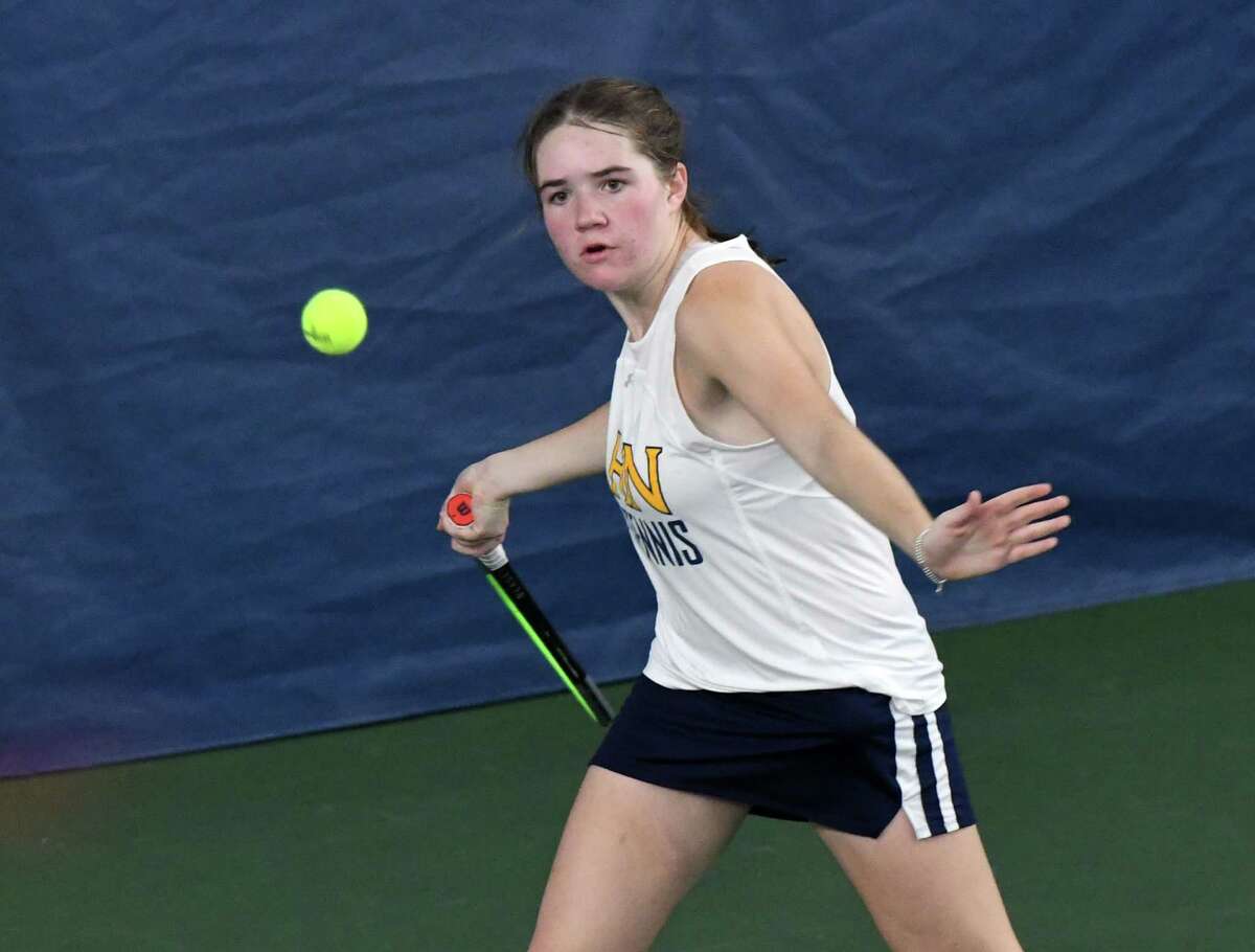 Riley Schmitz of Holy Names returns a shot against Katrina Setchenkov of Guilderland High School during the Section II singles championship on Tuesday, Oct. 25, 2022, at Sportime in Rotterdam, N.Y. Schmiltz won the match.