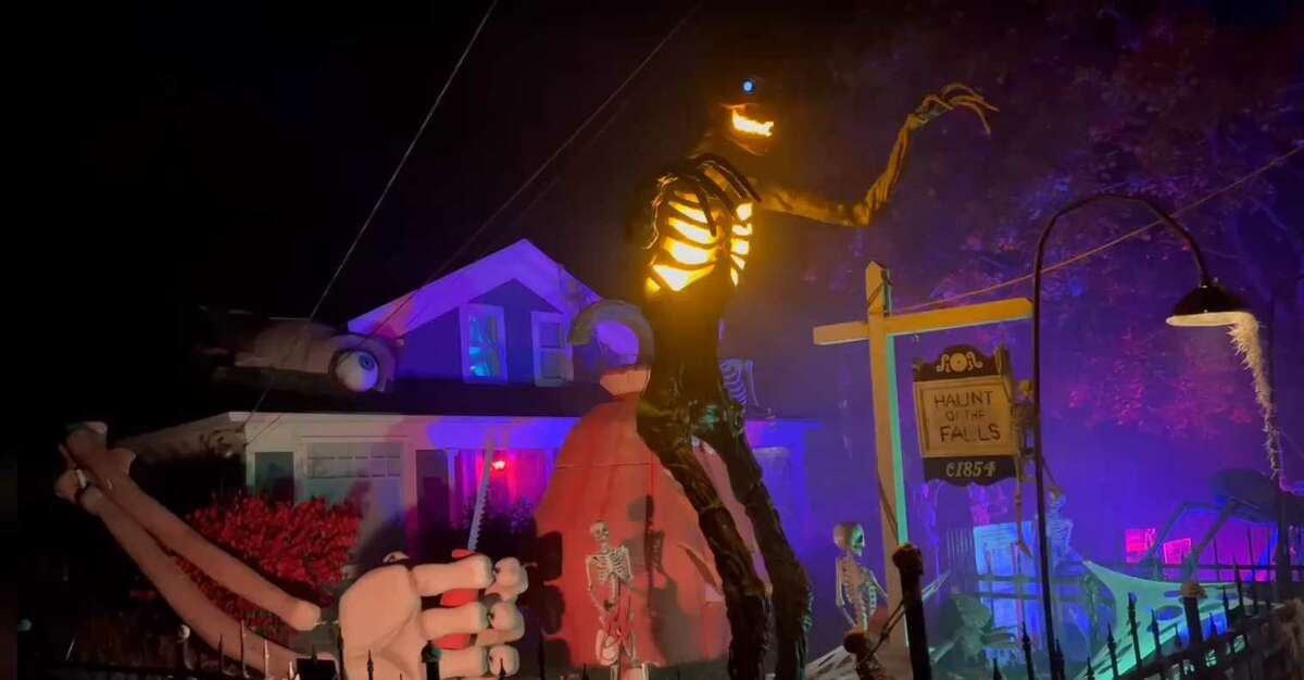 Man's Halloween display with massive skeleton goes viral