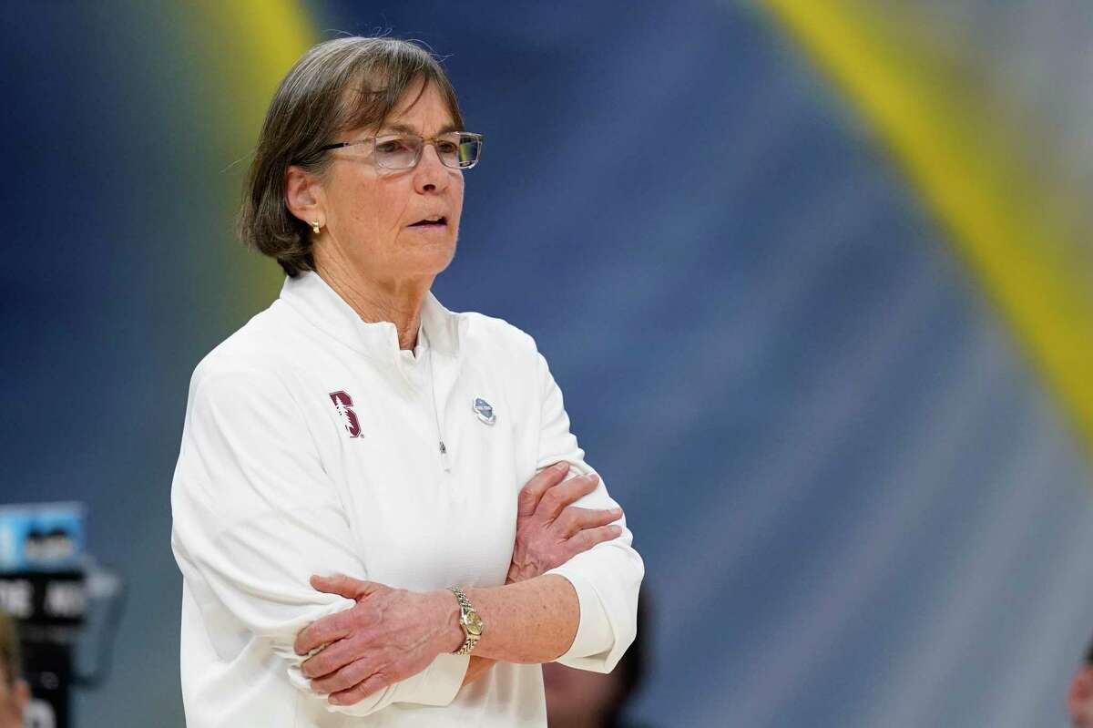 FILE - Stanford coach Tara VanDerveer watches during the second half of a college basketball game against UConn in the semifinals of the Women's Final Four NCAA tournament Friday, April 1, 2022, in Minneapolis. Stanford is ranked No. 2 in The Associated Press Top 25 women's preseason basketball poll released Tuesday, Oct. 18, 2022. (AP Photo/Charlie Neibergall, File)