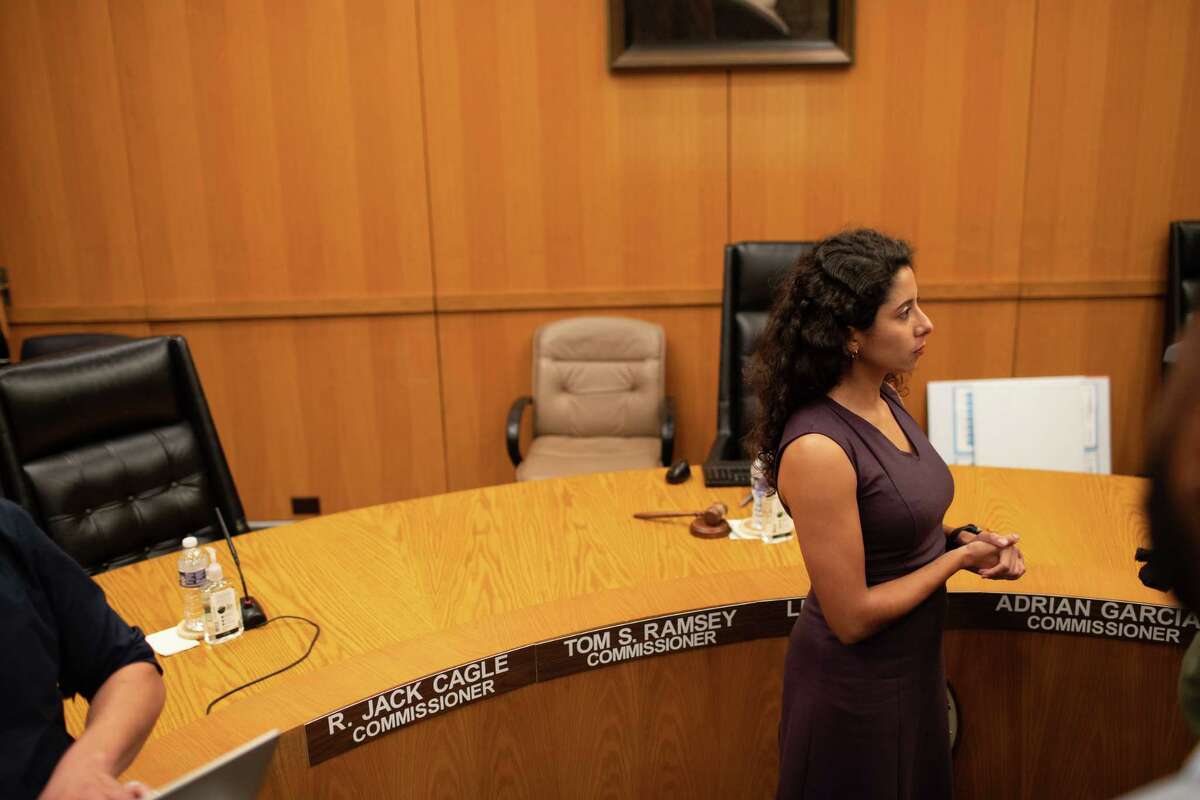 Harris County Judge Lina Hidalgo participates in an interview during a 15 minute break at the Harris County Commissioners Court, Tuesday, Oct. 25, 2022, in Houston.