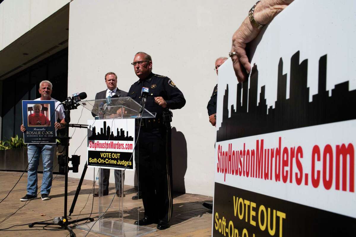 Harris County Constable Precinct 8 Constable Phil Sandlin participates in a press conference organized by Stop Houston Murders in front of the Harris County Administration Building, Tuesday, Oct. 25, 2022, in Houston.