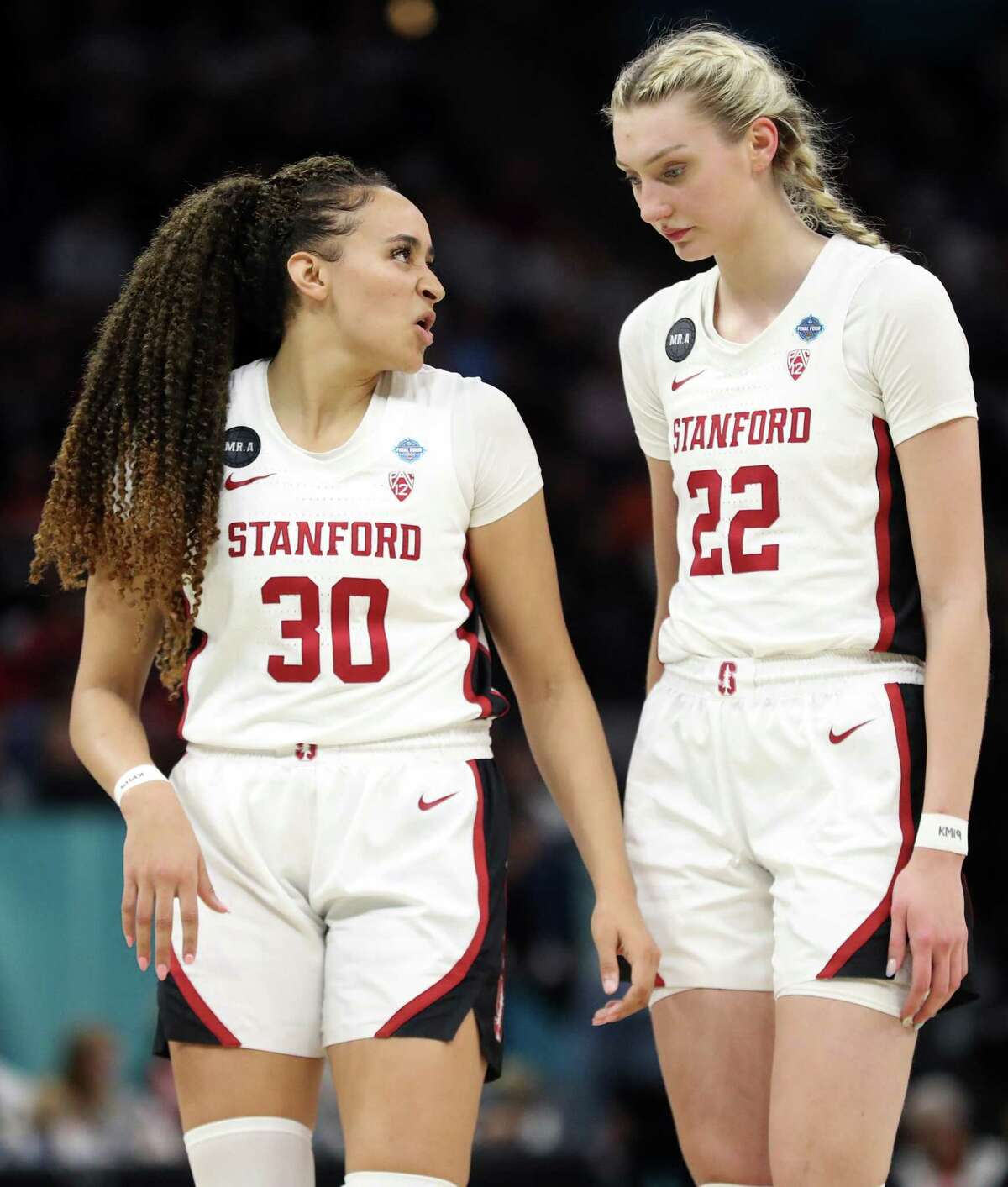 Stanford?•s Haley Jones and Cameron Brink confer in 3rd quarter of 63-58 loss to UConn during NCAA Women?•s Basketball Final Four semifinal at Target Center in Minneapolis, MN on Friday, April 1, 2022.