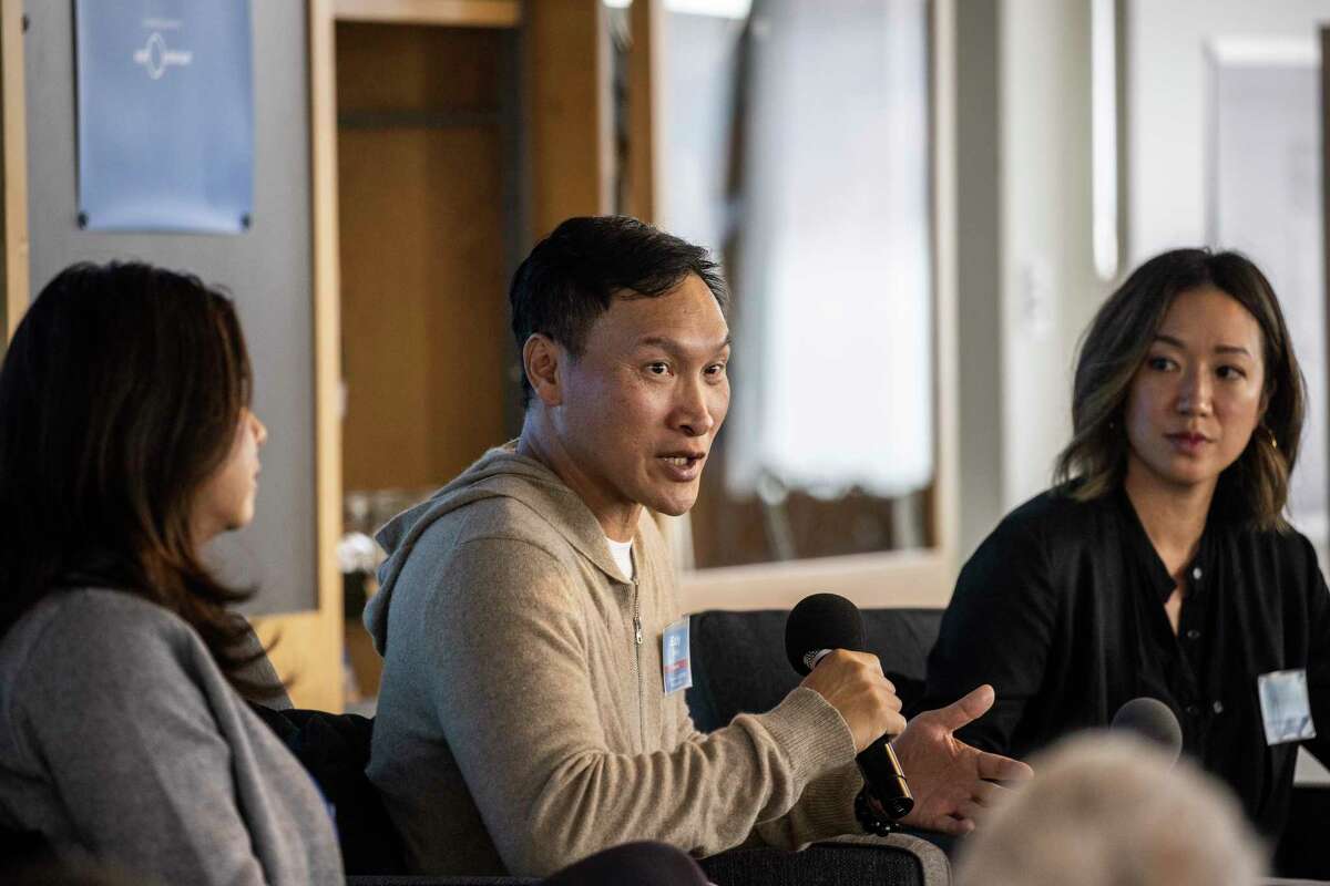 Eddy Zheng, President & Founder of New Breath Foundation, speaks on stage during the SFNext Solutions Conference at the Exploratorium in San Francisco, California Tuesday, Oct. 18, 2022.