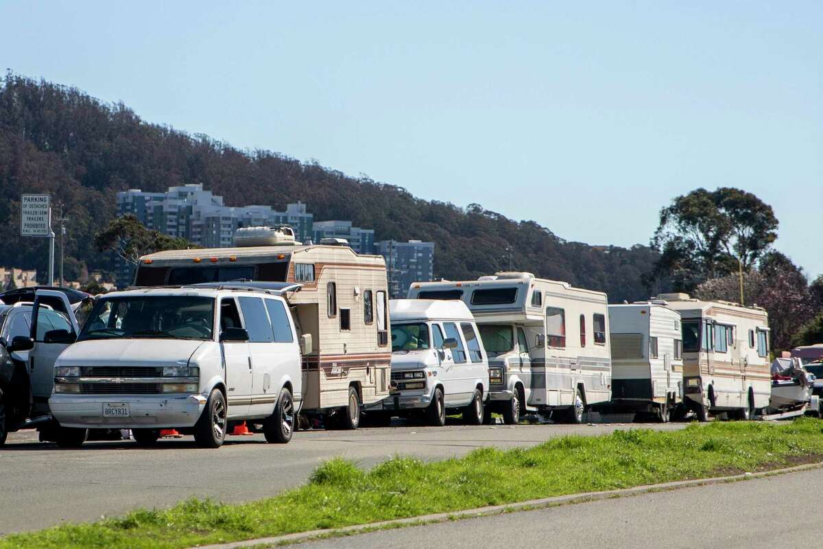 RVs are seen parked at an encampment along Rydin Road in Richmond, Calif. on Feb. 22, 2021. A lawsuit filed in federal court Monday challenges the city of Sebastopol’s ban on living in a motor vehicle.