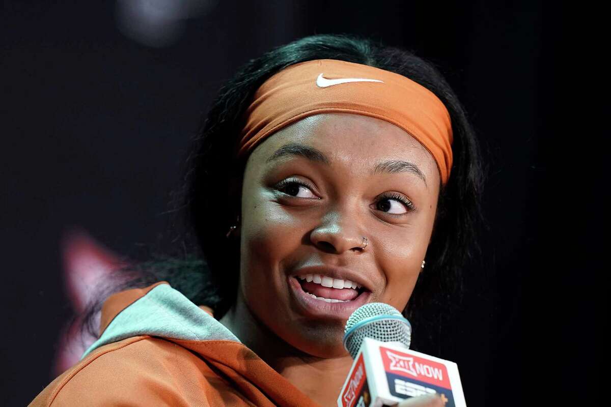 Texas forward Aaliyah Moore speaks to the media during Big 12 NCAA college basketball media day Tuesday, Oct. 18, 2022, in Kansas City, Mo.