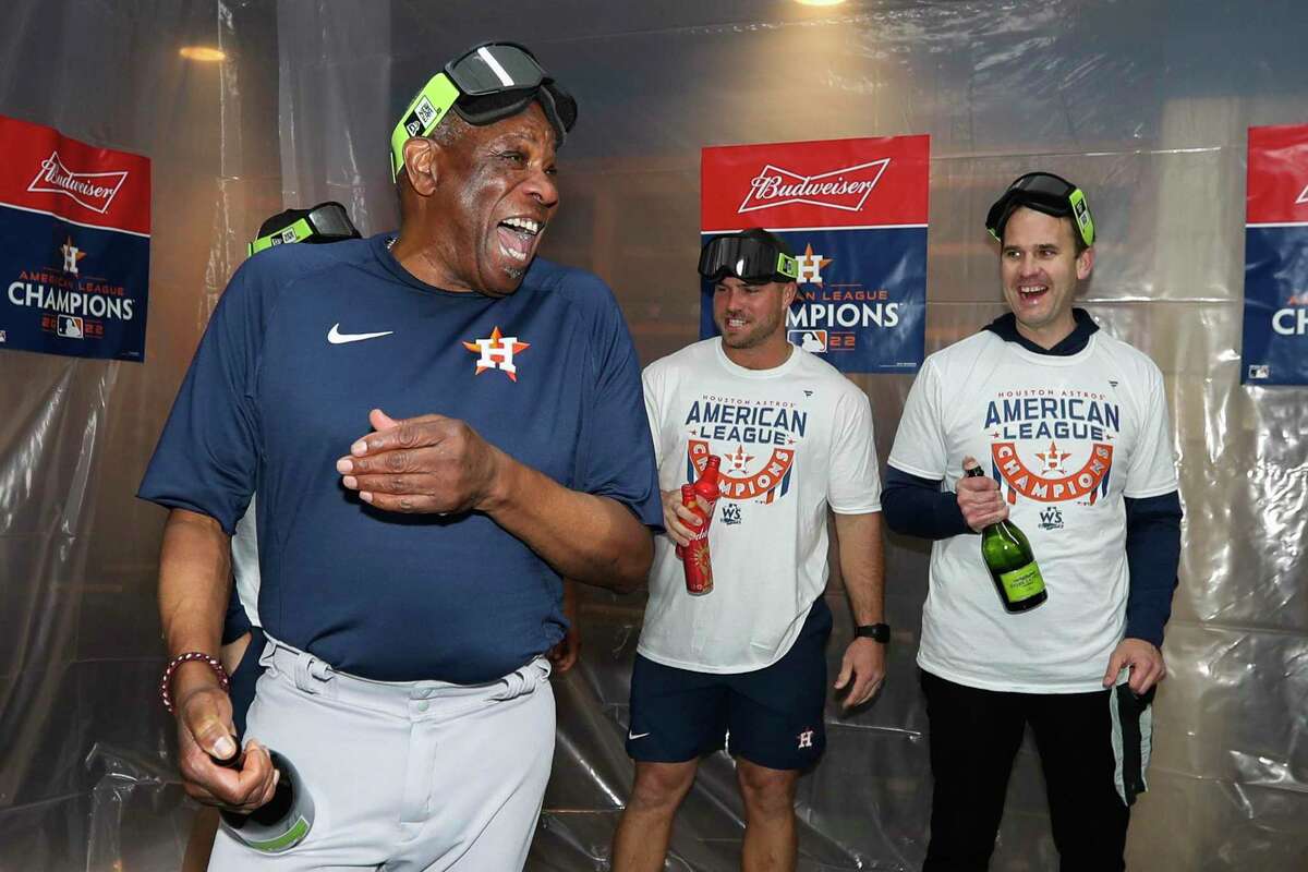 Houston Astros manager Dusty Baker Jr. celebrates after winning the American League pennant following a sweep of the New York Yankees at Yankee Stadium on Sunday, Oct. 23, 2022, in New York.