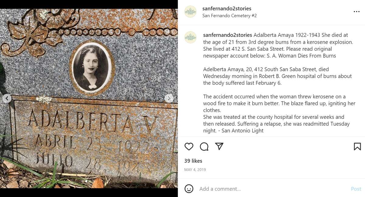 A 2019 image of the grave marker for Adalberta Amaya at San Fernando Cemetery No. 2, which inspired San Antonio college history professor Joe Alvarez to clean and chronicle grave markers for his Instagram account, @sanfernando2stories.
