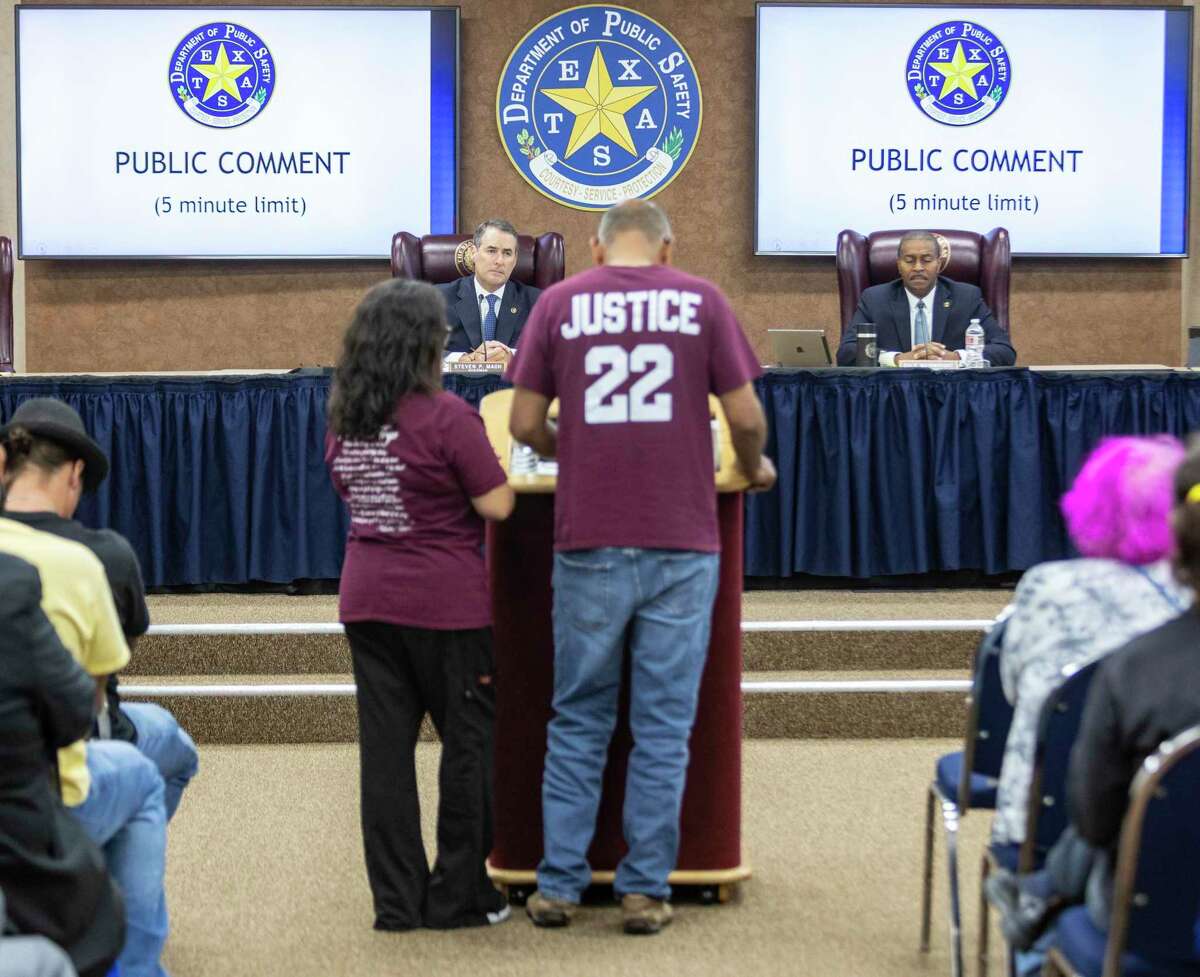 Department of Public Safety commissioners Steven Mach, left, and Dale Wainwright listen Thursday, Oct. 27, 2022 at the Public Safety Commission meeting in Austin to Uvalde family members speak about the Robb Elementary School mass shooting that killed 19 children and two adults..