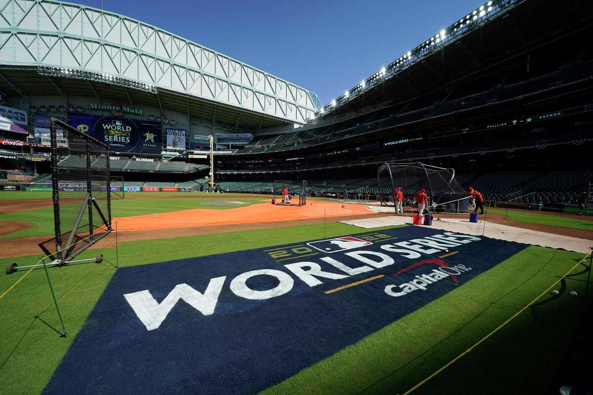 The World Series logo painted on the field during workouts ahead of Game 1 of baseball’s World Series at Minute Maid Park on Thursday, Oct. 27, 2022 in Houston.
