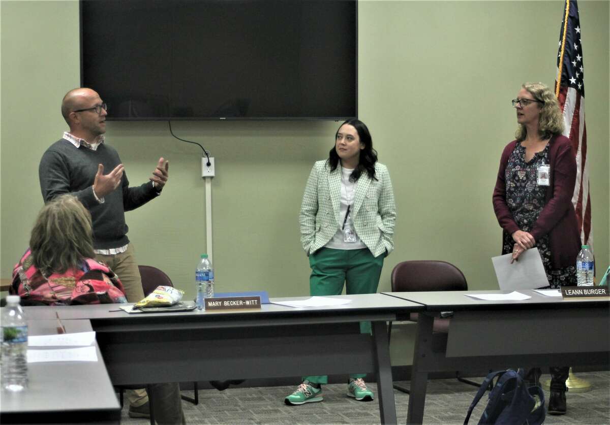 Chris Huizinga (left), Gretchen Schimke and Melanie Hook give a presentation Oct. 18 regarding the Manistee Intermediate School District's school psychological services team.
