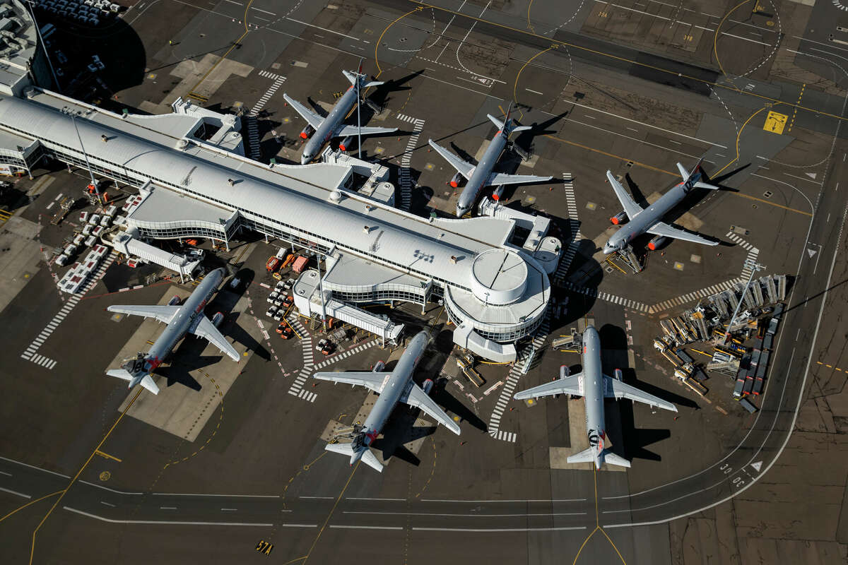 Aircraft at Sydney Domestic Airport in April 2020 in Sydney, Australia.